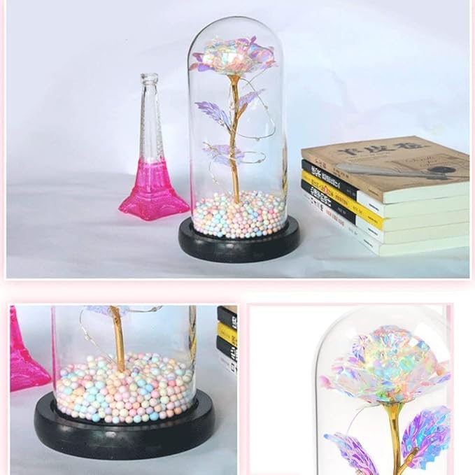 🌹 Artificial Tulips in Crystal Box & Galaxy Glass Rose with LED Light | Romantic Gift for Valentine’s Day