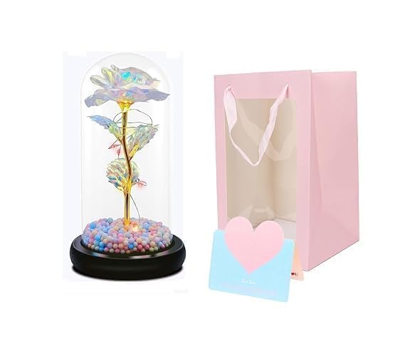 🌹 Artificial Tulips in Crystal Box & Galaxy Glass Rose with LED Light | Romantic Gift for Valentine’s Day