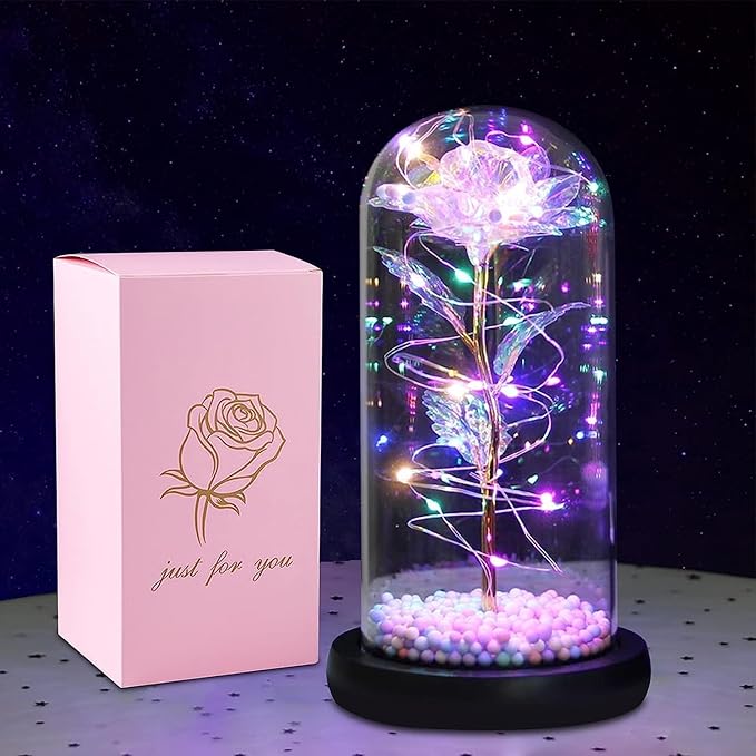 🌹 Artificial Tulips in Crystal Box & Galaxy Glass Rose with LED Light | Romantic Gift for Valentine’s Day